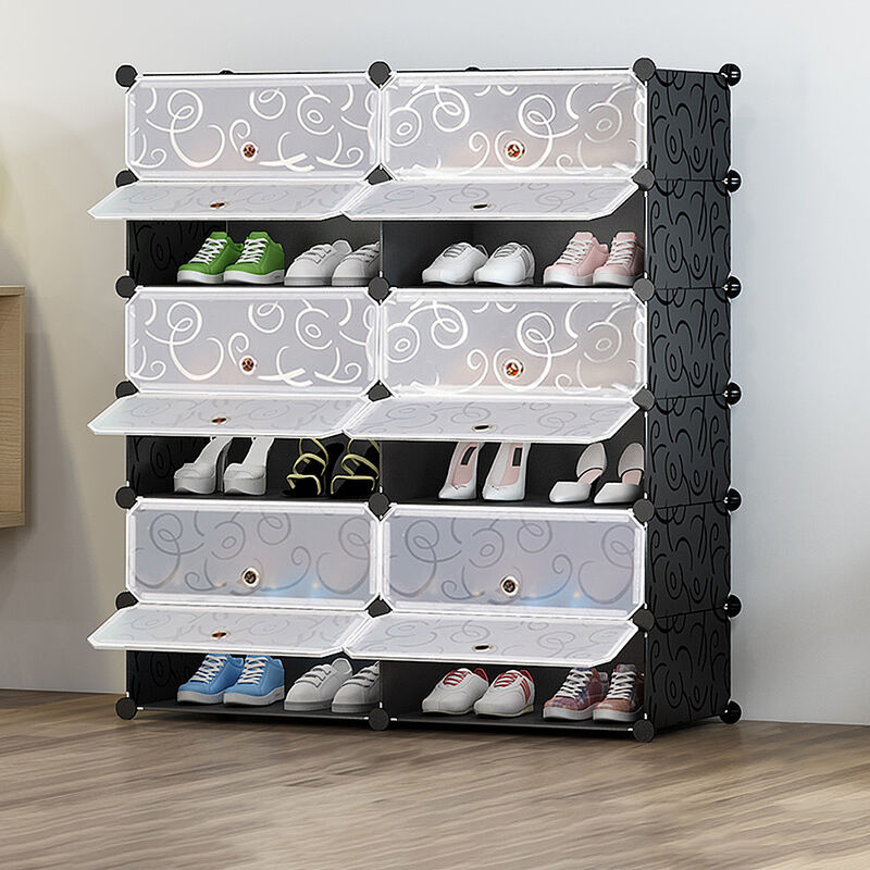 Skecten - Armoire à Chaussures 12 Cube Etagère à Chaussures Etagère de Rangement en Plastique 91 36 105cm Noire et Blanc Imprimée