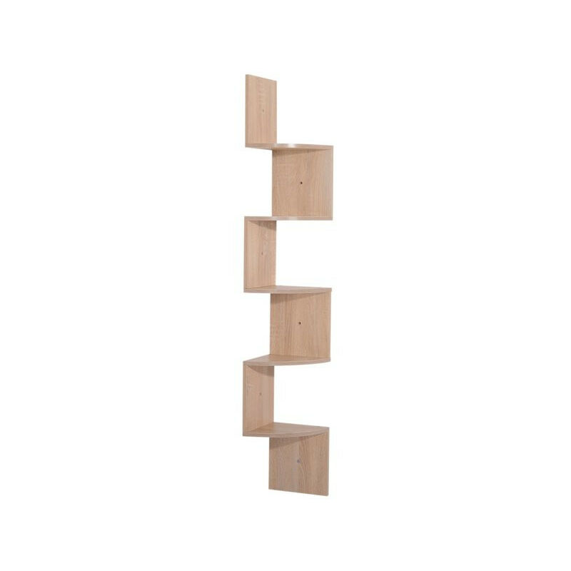 Étagère d'angle en panneaux de particules E1 – 5 niveaux de rangement – Charge maximale 15 kg – Dimensions 20L x 20l x 126H cm – Coloris chêne clair