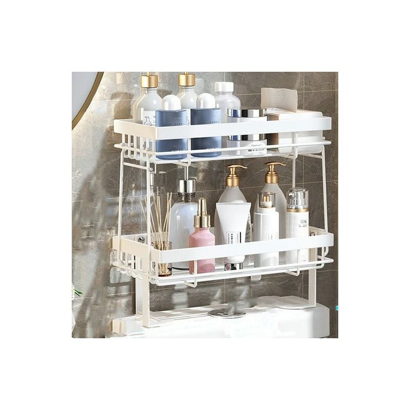 Etagère de Douche, Meuble wc étagère, Accessoires de douche, double couche, Blanc, Sans perçage, amovible Kinsi