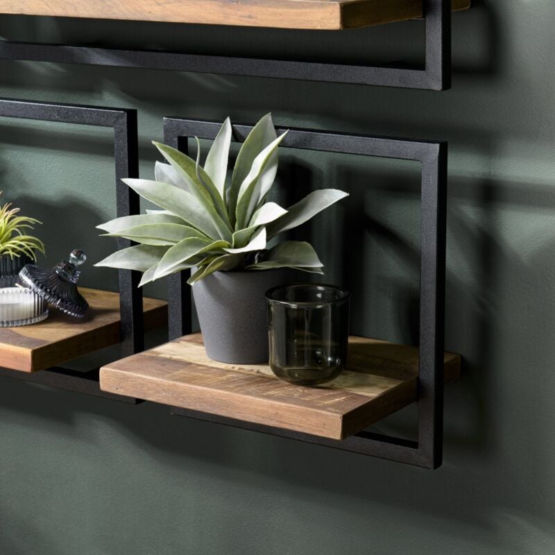 Macabane - alida - Étagère murale 's' 1 plateau teck recyclé marron structure métal noir