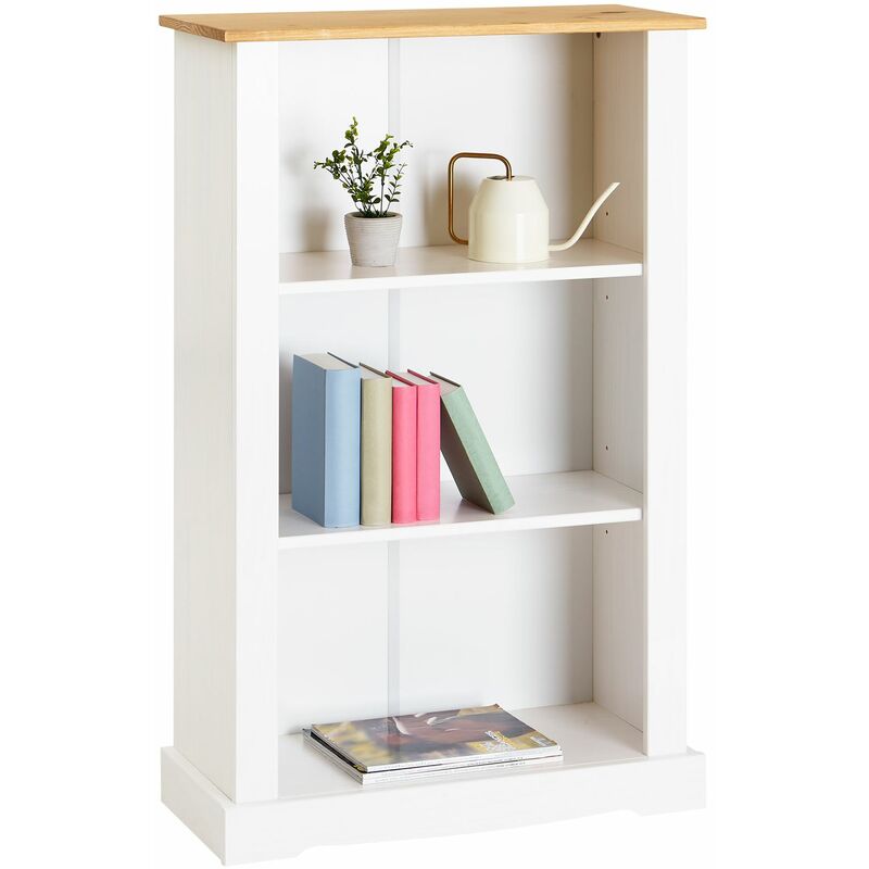 Bibliothèque tequila style mexicain, 3 étagères, en pin massif lasuré blanc et brun