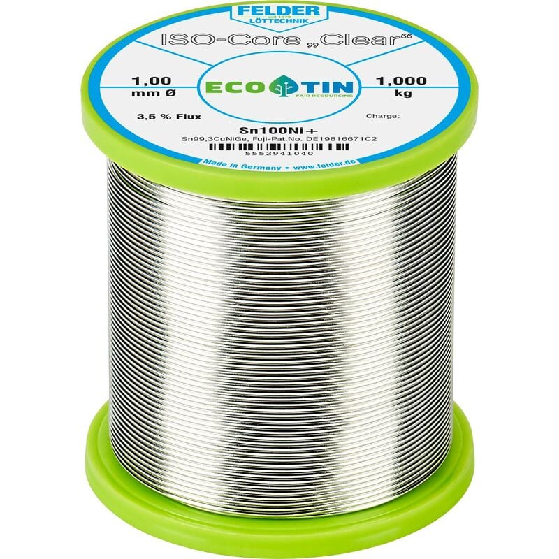 Felder Löttechnik - Felder ISO-Core 'Clear' Sn100Ni+ Étain à souder bobine Sn99,25Cu0,7Ni0,05 1.000 kg 1 mm A581242