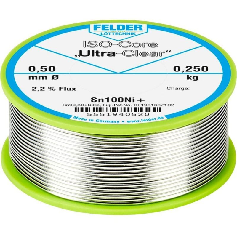 Felder Löttechnik - Felder ISO-Core Ultra-Clear Sn100Ni+ Étain à souder sans plomb bobine Sn99,25Cu0,7Ni0,05 0.250 kg 0.5 mm