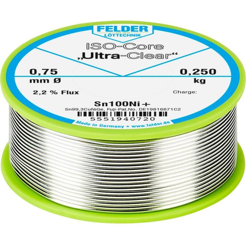Felder Löttechnik - Felder ISO-Core Ultra-Clear Sn100Ni+ Étain à souder sans plomb bobine Sn99,25Cu0,7Ni0,05 0.250 kg 0.75 mm