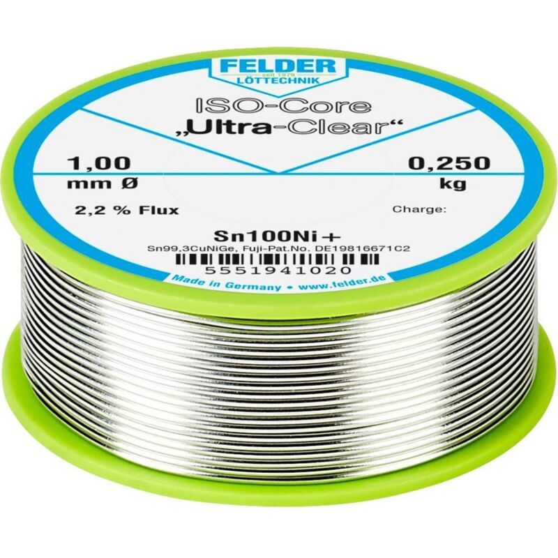 Felder Löttechnik - Felder ISO-Core Ultra-Clear Sn100Ni+ Étain à souder sans plomb bobine Sn99,25Cu0,7Ni0,05 0.250 kg 1 mm