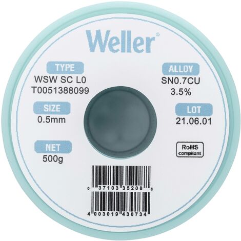 Étain à souder sans plomb Sn0,7Cu 0.5 mm Weller WSW SC L0 bobine 500 g