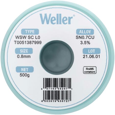 Étain à souder sans plomb Sn0,7Cu 0.8 mm Weller WSW SC L0 bobine 500 g
