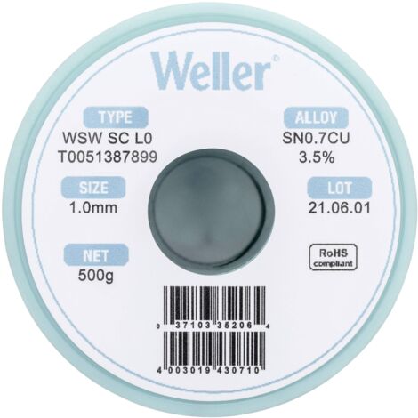 Étain à souder sans plomb Sn0,7Cu 1 mm Weller WSW SC L0 bobine 500 g W38111