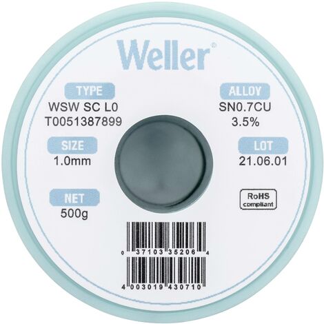 Étain à souder sans plomb Sn0,7Cu 1 mm Weller WSW SC L0 bobine 500 g W38111