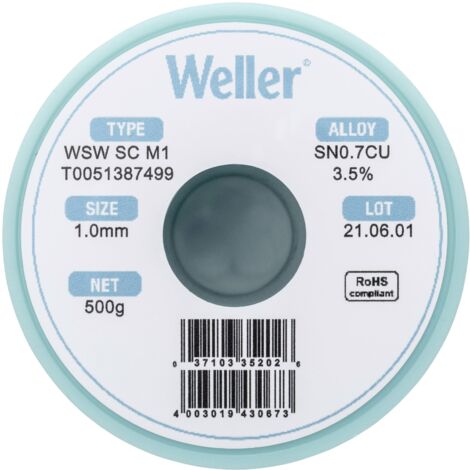 Étain à souder sans plomb Sn0,7Cu 1 mm Weller WSW SC M1 bobine 500 g