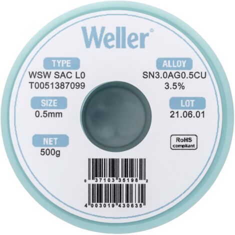 Étain à souder sans plomb Sn3,0Ag0,5Cu 0.5 mm Weller WSW SAC L0 bobine 500 g