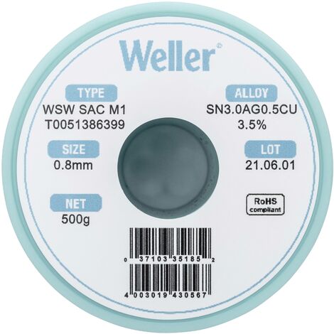 Étain à souder sans plomb Sn3,0Ag0,5Cu 0.8 mm Weller WSW SAC M1 bobine 500 g
