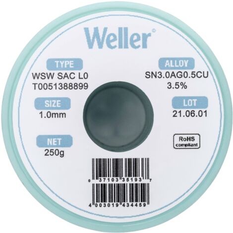 Étain à souder sans plomb Sn3,0Ag0,5Cu 1 mm Weller WSW SAC L0 bobine 250 g