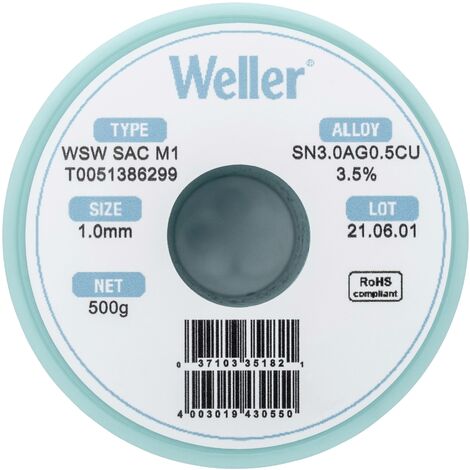 Étain à souder sans plomb Sn3,0Ag0,5Cu 1 mm Weller WSW SAC M1 bobine 500 g