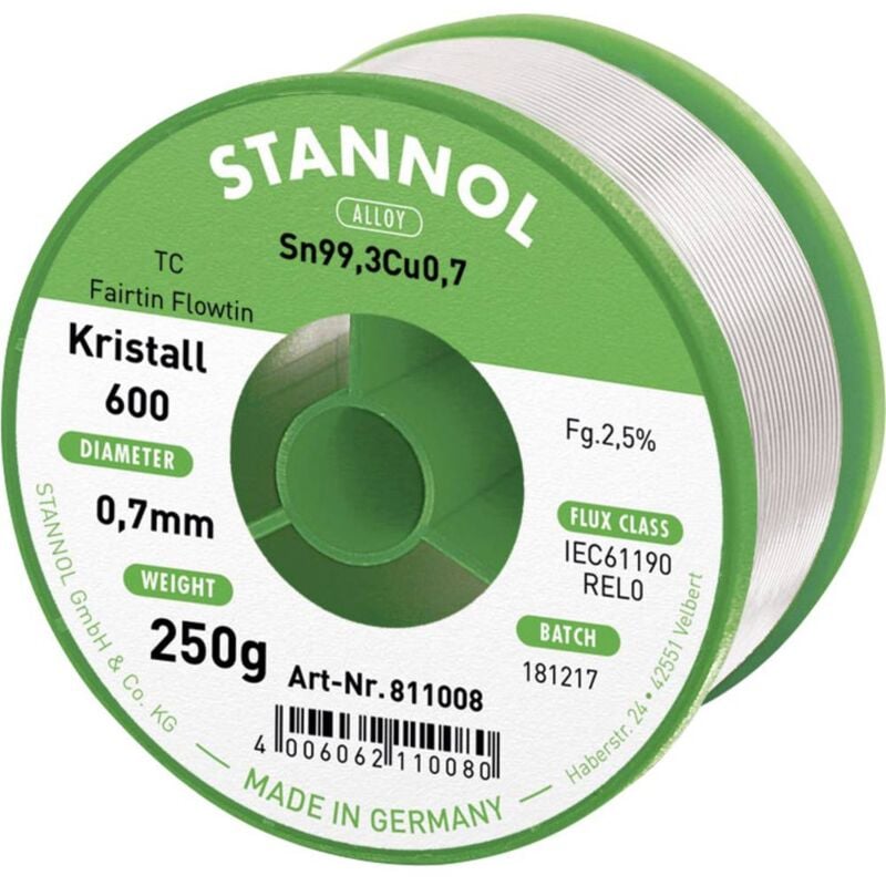 Stannol - Kristall 600 Fairtin Étain à souder sans plomb sans plomb Sn99,3Cu0,7 REL0 250 g 0.7 mm