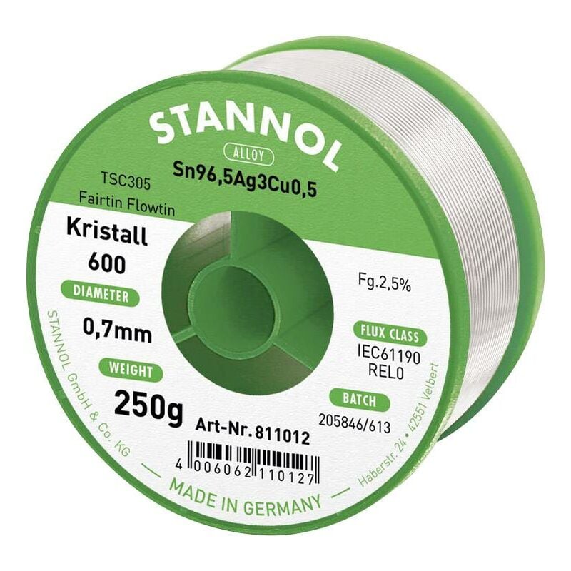 Stannol - Kristall 600 Fairtin Étain à souder sans plomb sans plomb Sn96,5Ag3Cu0,5 REL0 250 g 0.7 mm Q714872
