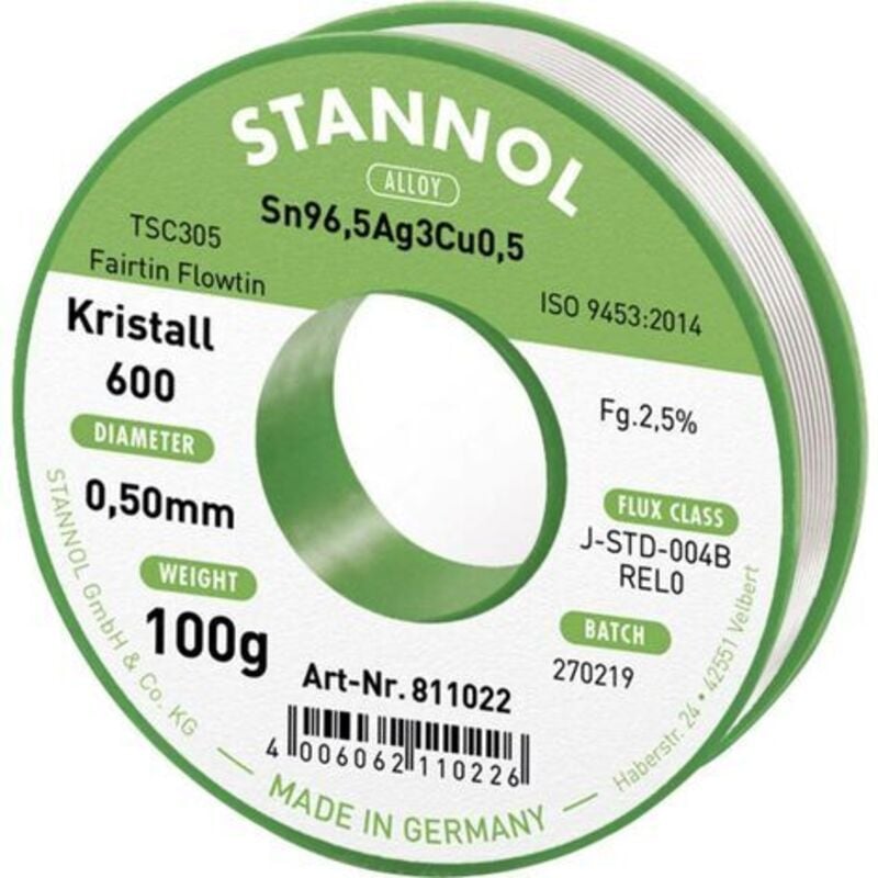 Stannol - Kristall 600 Fairtin Étain à souder sans plomb sans plomb Sn96,5Ag3Cu0,5 REL0 100 g 0.5 mm