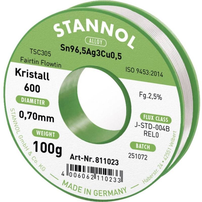 Stannol - Kristall 600 Fairtin Étain à souder sans plomb sans plomb Sn96,5Ag3Cu0,5 REL0 100 g 0.7 mm
