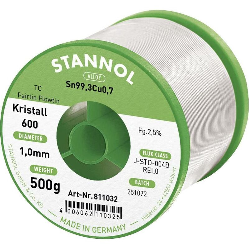 Stannol - Kristall 600 Fairtin Étain à souder sans plomb sans plomb Sn99,3Cu0,7 REL0 500 g 1 mm Q714682