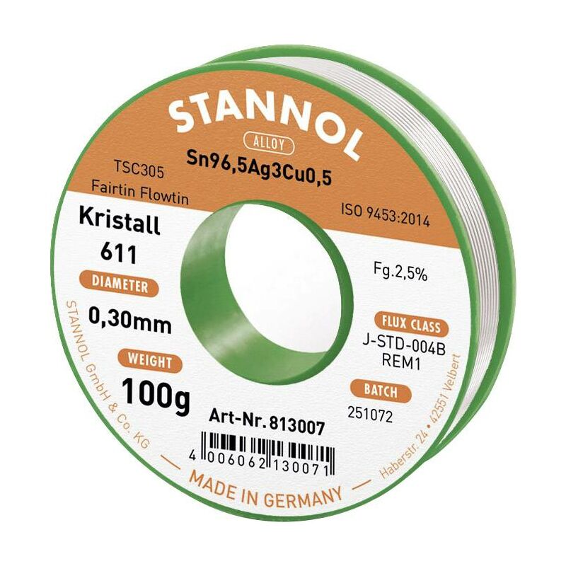 Stannol - Kristall 611 Fairtin Étain à souder sans plomb sans plomb Sn96,5Ag3Cu0,5 REM1 100 g 0.3 mm Q714012