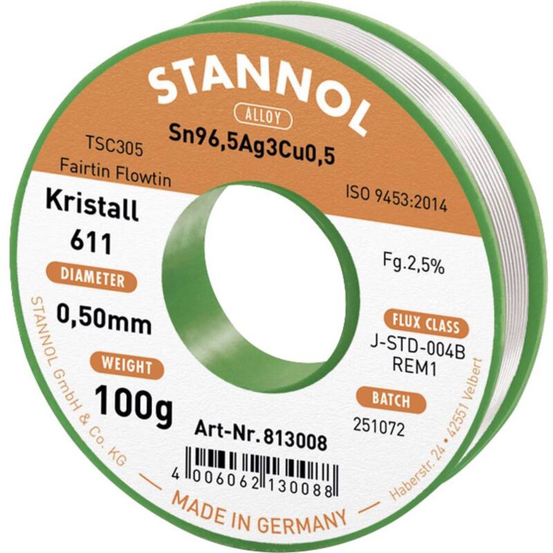 Stannol - Kristall 611 Fairtin Étain à souder sans plomb sans plomb Sn96,5Ag3Cu0,5 REM1 100 g 0.5 mm