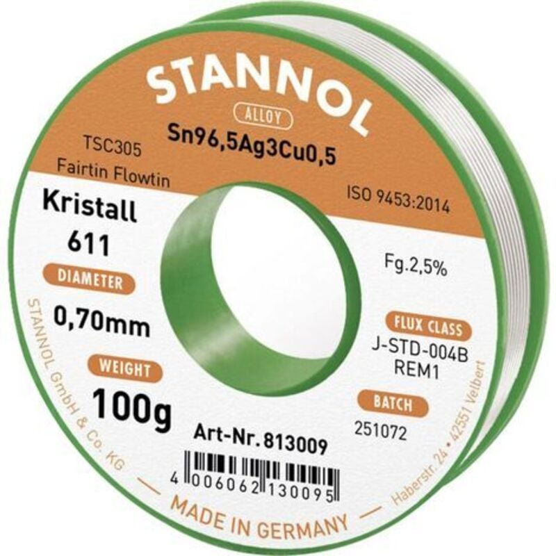 Stannol - Kristall 611 Fairtin Étain à souder sans plomb sans plomb Sn96,5Ag3Cu0,5 REM1 100 g 0.7 mm