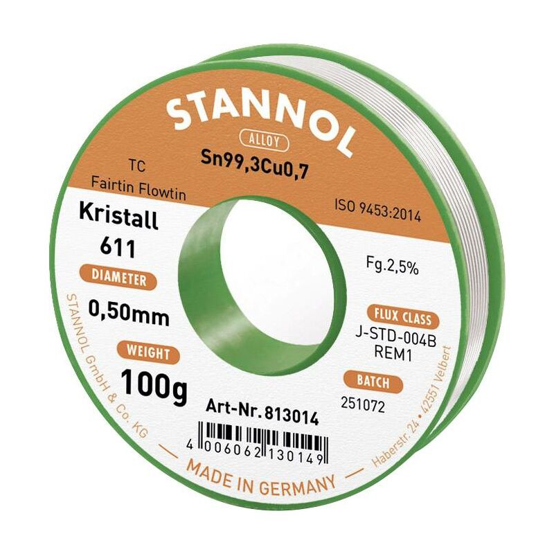 Stannol - Kristall 611 Fairtin Étain à souder sans plomb sans plomb Sn99,3Cu0,7 REM1 100 g 0.5 mm Q714802