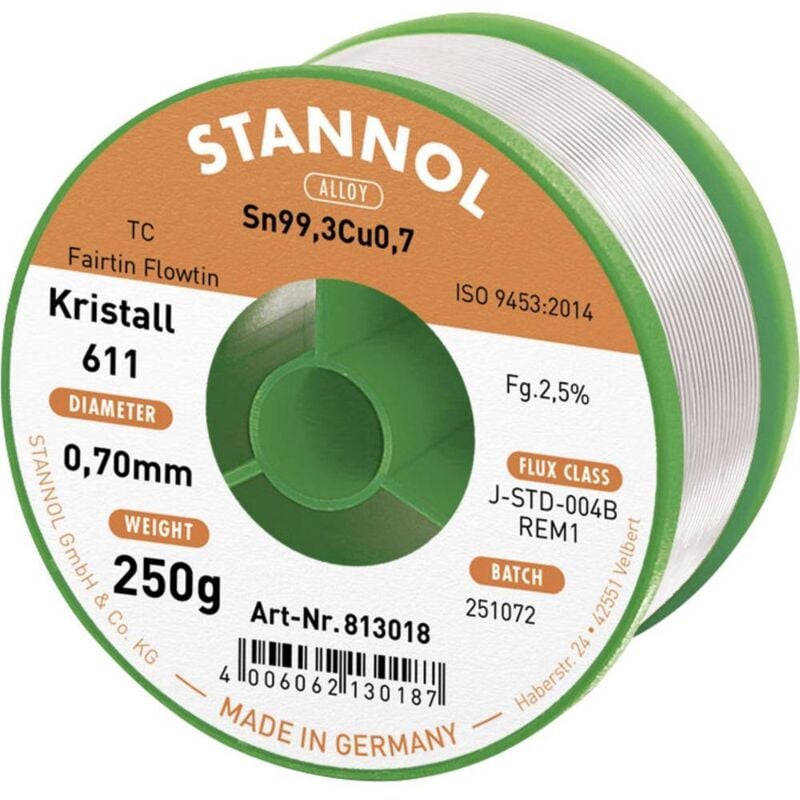 Stannol - Kristall 611 Fairtin Étain à souder sans plomb sans plomb Sn99,3Cu0,7 REM1 250 g 0.7 mm