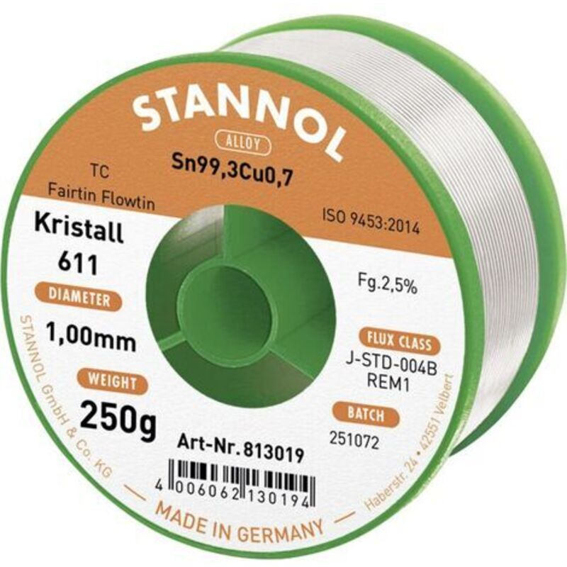 Stannol - Kristall 611 Fairtin Étain à souder sans plomb sans plomb Sn99,3Cu0,7 REM1 250 g 1 mm
