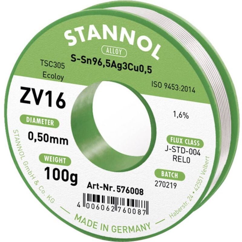 Stannol - ZV16 Étain à souder sans plomb sans plomb Sn96,5Ag3Cu0,5 REL0 100 g 0.5 mm