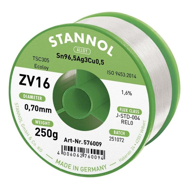 Stannol - ZV16 Étain à souder sans plomb sans plomb Sn96,5Ag3Cu0,5 REL0 250 g 0.7 mm Q714082