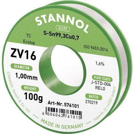 Étain à souder sans plomb Stannol ZV16 Sn99,3Cu0,7 REL0 100 g 1 mm Q714392