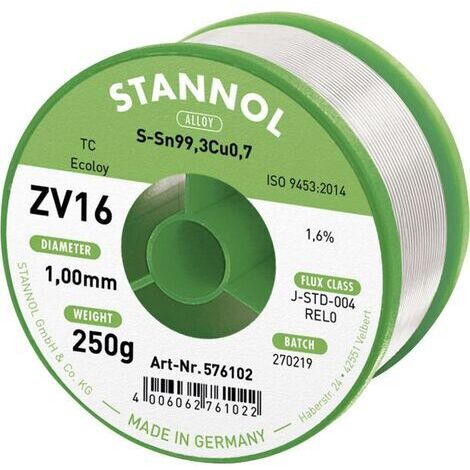 Étain à souder sans plomb Stannol ZV16 Sn99,3Cu0,7 REL0 250 g 1 mm Q714612