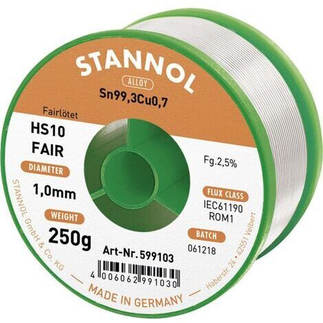 Étain à souder Stannol HS10-Fair Sn99,3Cu0,7 bobine 250 g 1 mm W915191