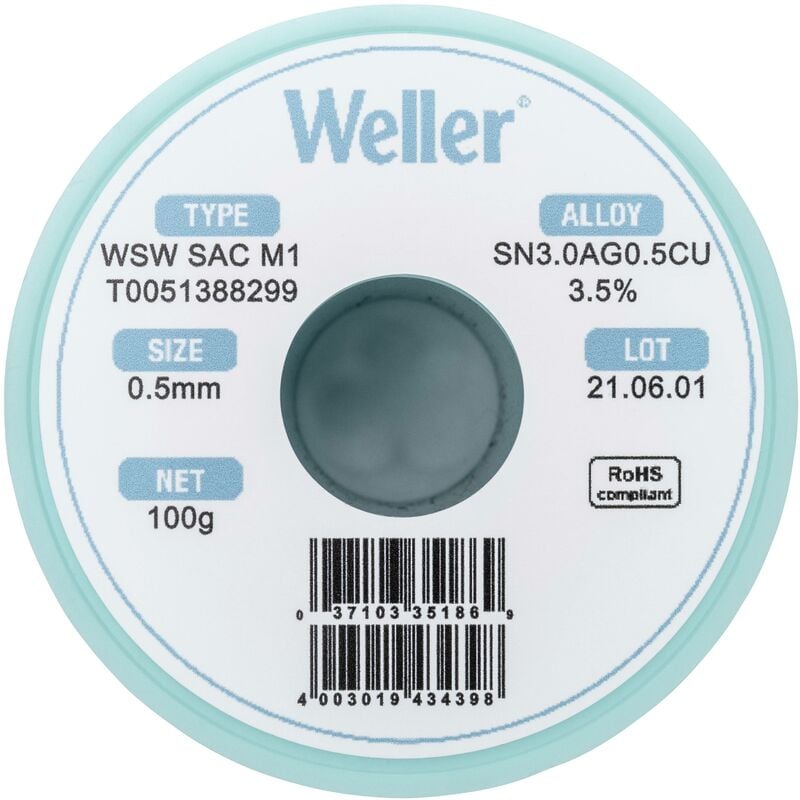 Étain à souder sans plomb Sn3,0Ag0,5Cu 0.5 mm Weller WSW SAC M1 bobine 100 g V650801