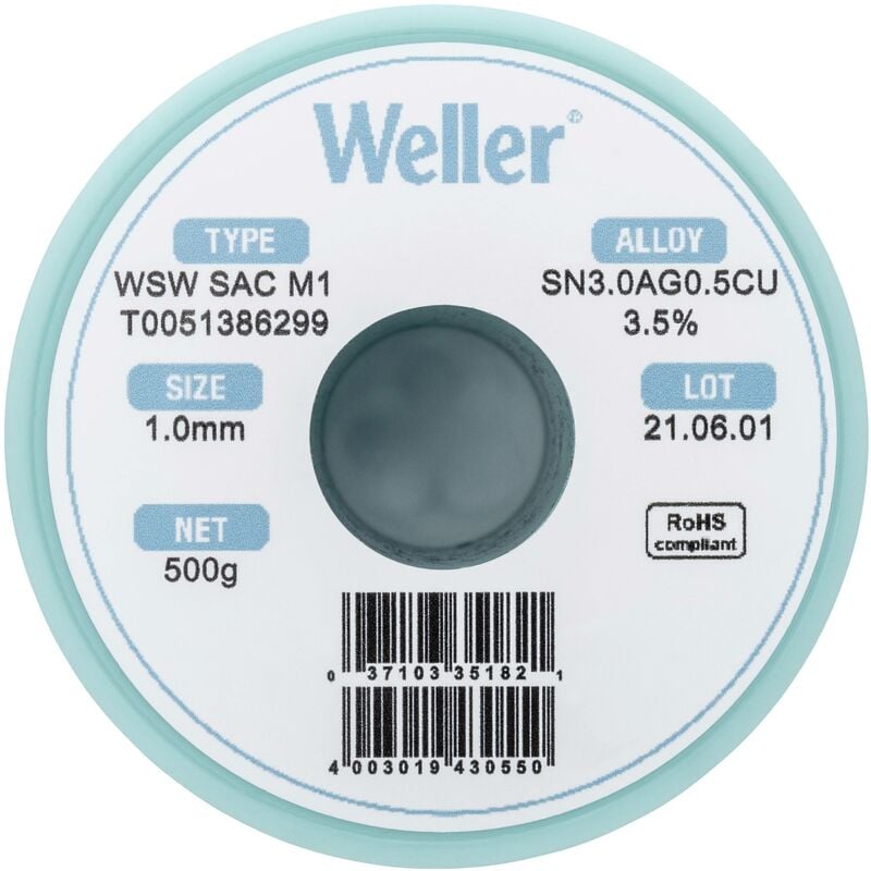 Weller - tain à souder sans plomb Sn3,0Ag0,5Cu 1 mm wsw sac M1 bobine 500 g W38268