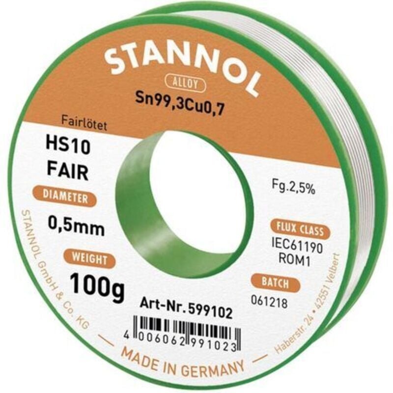 Stannol - tain à souder HS10-Fair Sn99,3Cu0,7 bobine 100 g 0.5 mm W915241
