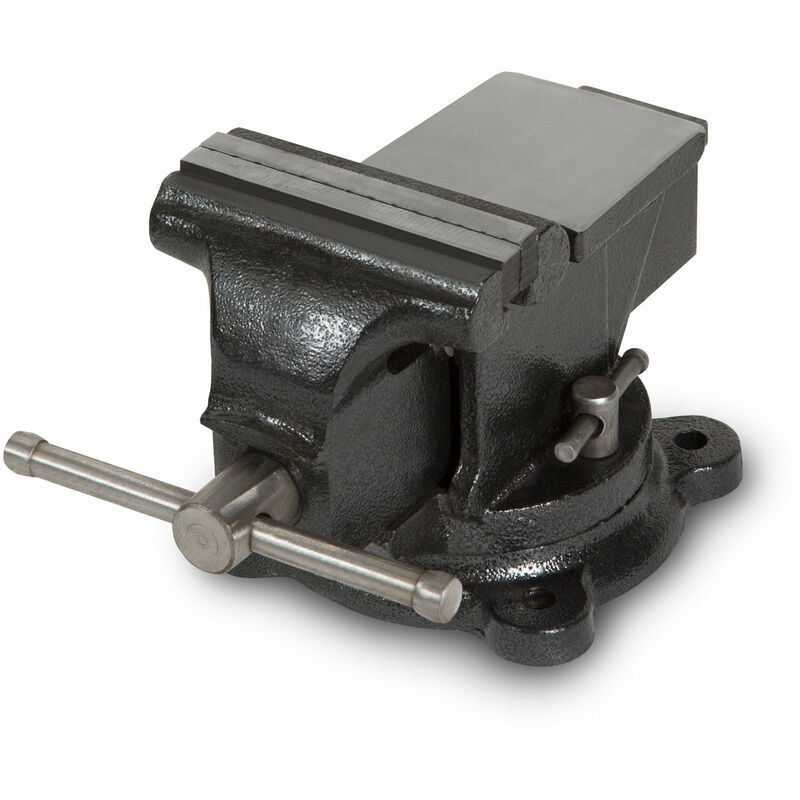 Etau en fonte avec enclume, largeur des mâchoires 150mm, hauteur totale 152mm, rotation 360°, plateau ø 123mm, écartement maximal 100mm, étau petit,