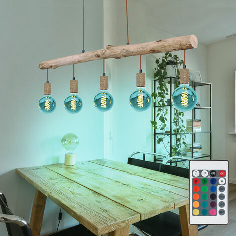 Etc-Shop – Lampe à suspension rétro réglable en hauteur – Métal et bois – 5 douilles E27 avec ampoules LED RGB – Éclairage d'ambiance télécommandé
