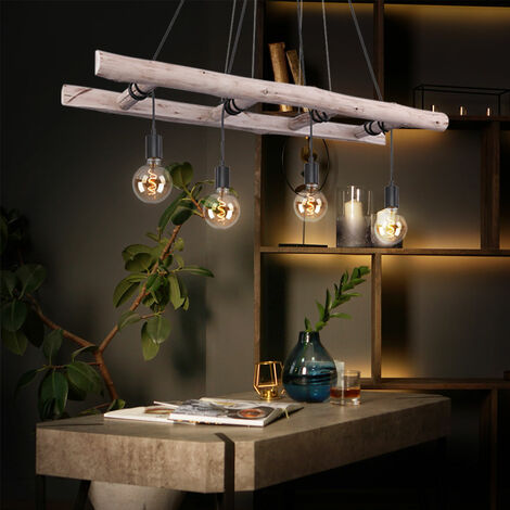 Etc-Shop – Lampe suspension en bois 4 flammes – Douille E27 – Dimensions 115 x 30 x 192 cm – Style rétro pour salle à manger