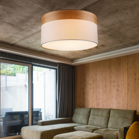 Etc-Shop – Plafonnier rond bleu en bois et textile beige – 1x E27 – Dimensions 40x25 cm – Luminaire pour salle à manger