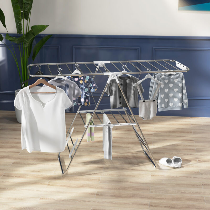 Étendoir à linge 148x60.5x98cm Pliable Multifonction Acier inoxydable Antidérapant couleur argent