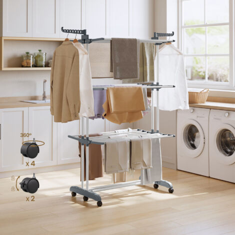 Étendoir à Linge à 4 Niveaux, Séchoir Pliable à Roulettes, 63,5 x 125,5 x 173 cm, Blanc