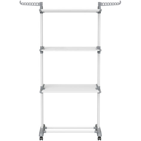 Étendoir à Linge à 4 Niveaux, Séchoir Pliable à Roulettes, 63,5 x 128 x 173 cm, Blanc et Gris