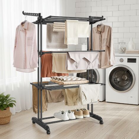 Étendoir à Linge à 4 Niveaux, Séchoir Pliable à Roulettes, 63,5 x 128 x 173 cm, Noir