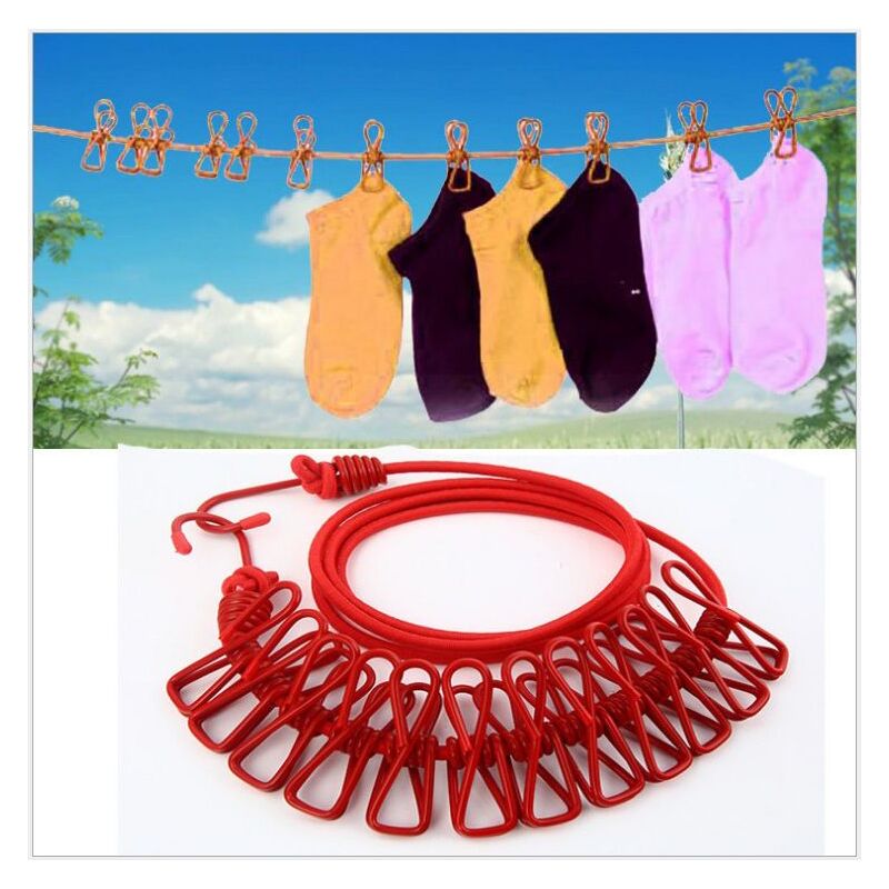 Étendoir à linge élastique avec 12 clips - rouge