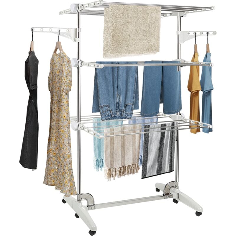 Etendoir à Linge, Etendage à Linge, 3 étagères, Blanc, avec ailes et barre supérieure, Pliable