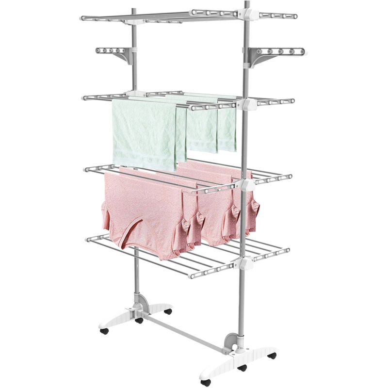 Etendoir à Linge, Etendage à Linge, 4 étagères, Blanc, avec ailes, Matériau: Tubes en acier inoxydable
