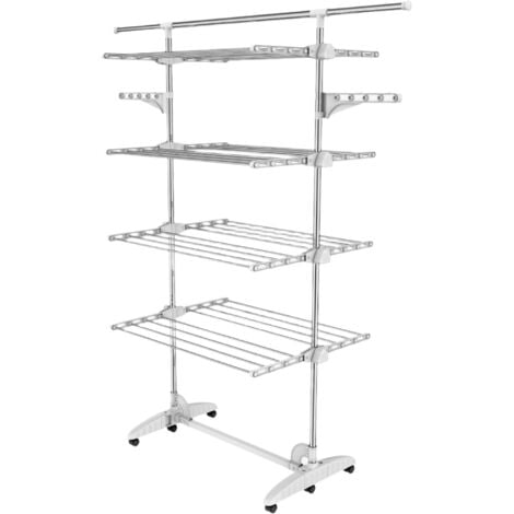 Etendoir à Linge, Etendage à Linge, 4 étagères, Blanc, Avec des ailes et une barre supérieure étendue, Matériau: Tubes en acier inoxydable