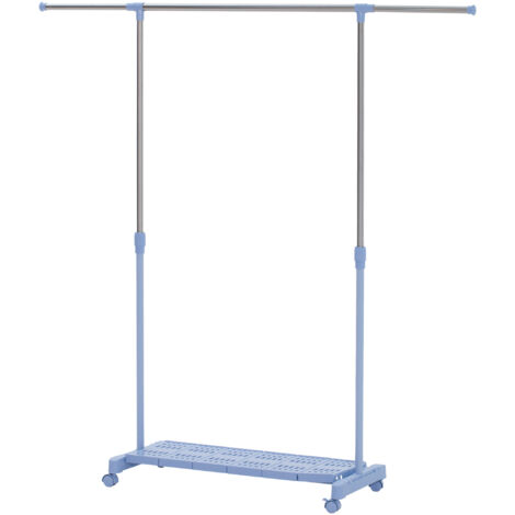 Étendoir à linge extensible à roulettes, barre et étagère à chaussures en acier inoxydable, 159 x 42 x 168 cm, bleu et argent